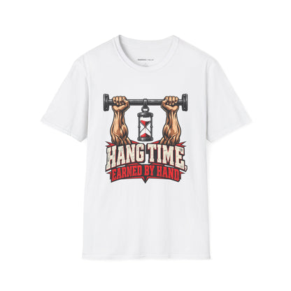 Graphic fitness T-shirt featuring the "Hang Time Earned by Hand" design.