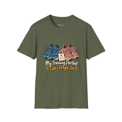 Graphic fitness T-shirt featuring the "My Training Partner Gets a Prayer Too" design.