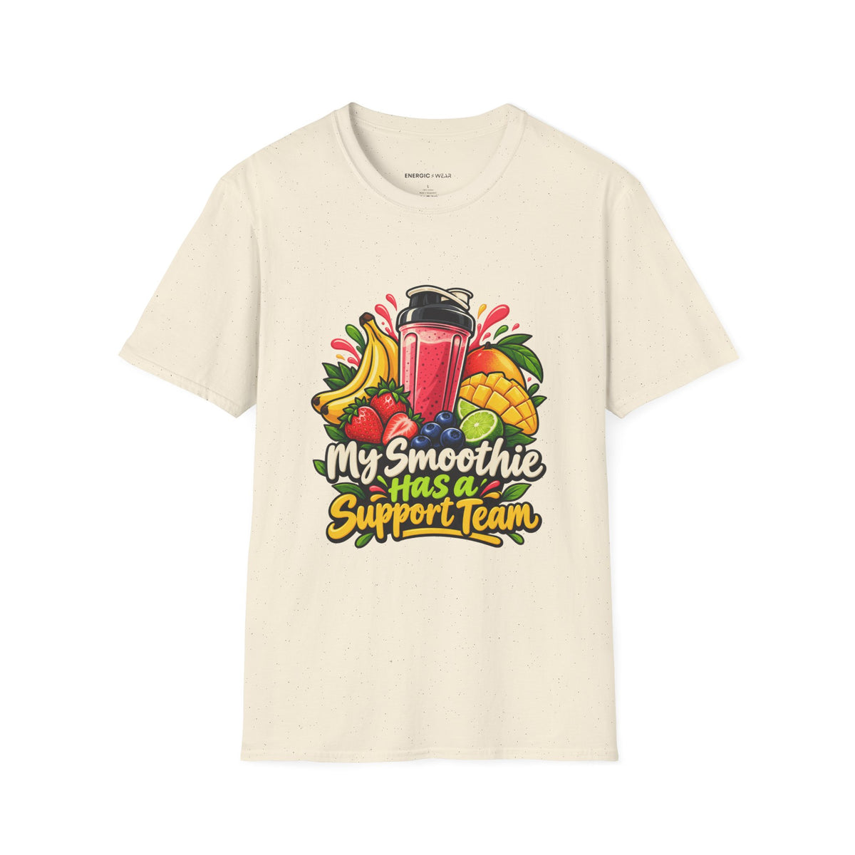 Graphic fitness T-shirt featuring the "My Smoothie Has a Support Team" design.