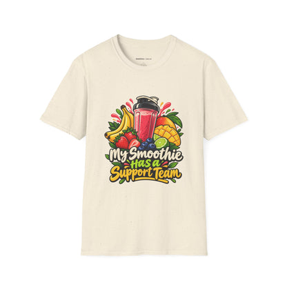 Graphic fitness T-shirt featuring the "My Smoothie Has a Support Team" design.