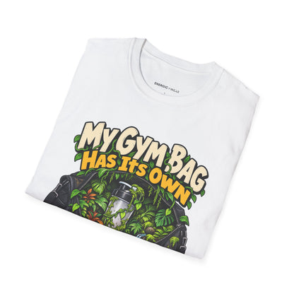 Graphic fitness T-shirt featuring the "My Gym Bag Has Its Own Ecosystem" design.
