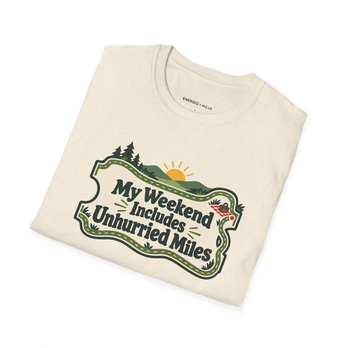 Graphic fitness T-shirt featuring the "My Weekend Includes Unhurried Miles" design.