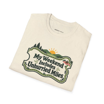 Graphic fitness T-shirt featuring the "My Weekend Includes Unhurried Miles" design.