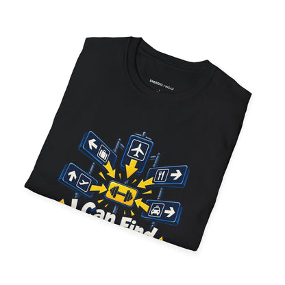Graphic fitness T-shirt featuring the "I Can Find the Gym in Any Airport" design.