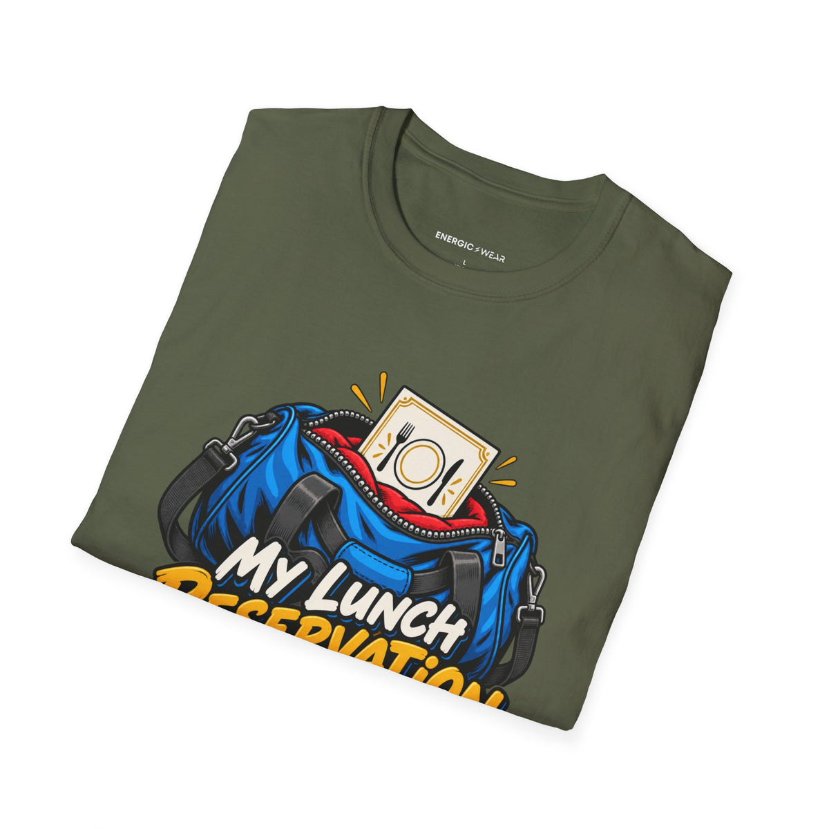 Graphic fitness T-shirt featuring the "My Lunch Reservation Survived the Workout" design.