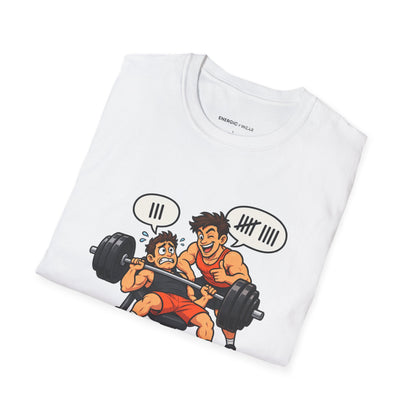 Graphic fitness T-shirt featuring the "My Gym Buddy Is a Bad Influence on My Reps" design.