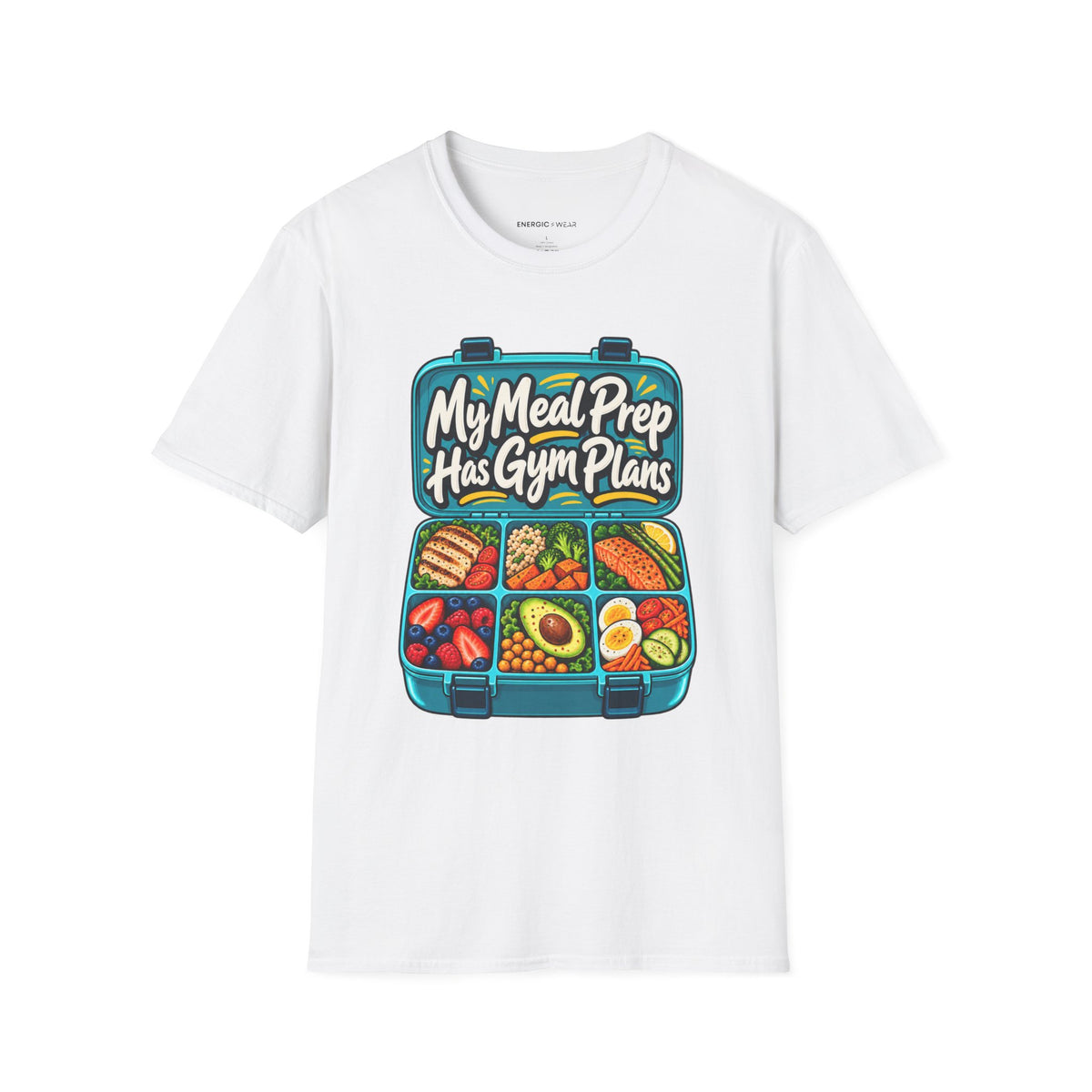 Graphic fitness T-shirt featuring the "My Meal Prep Has Gym Plans" design.
