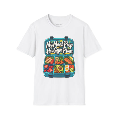 Graphic fitness T-shirt featuring the "My Meal Prep Has Gym Plans" design.