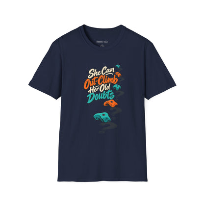 Graphic fitness T-shirt featuring the "She Can Out-Climb Her Old Doubts" design.