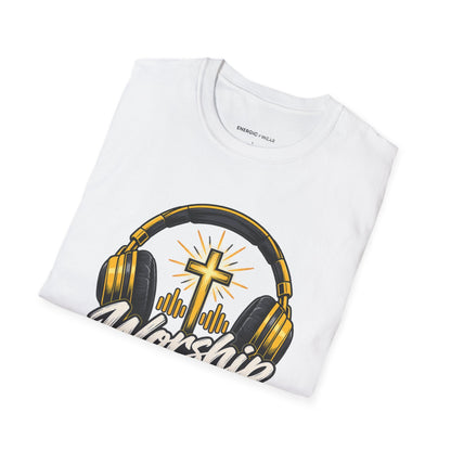 Graphic fitness T-shirt featuring the "Worship Has a Place on My Playlist" design.