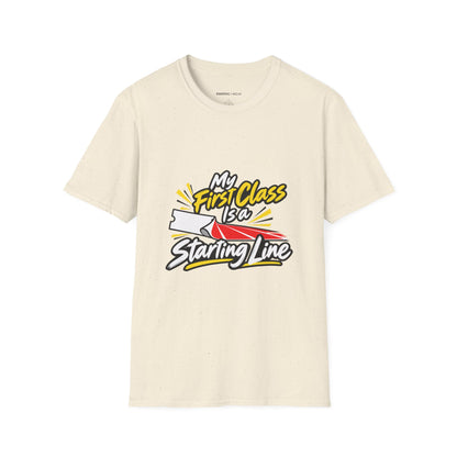 Graphic fitness T-shirt featuring the "My First Class Is a Starting Line" design.