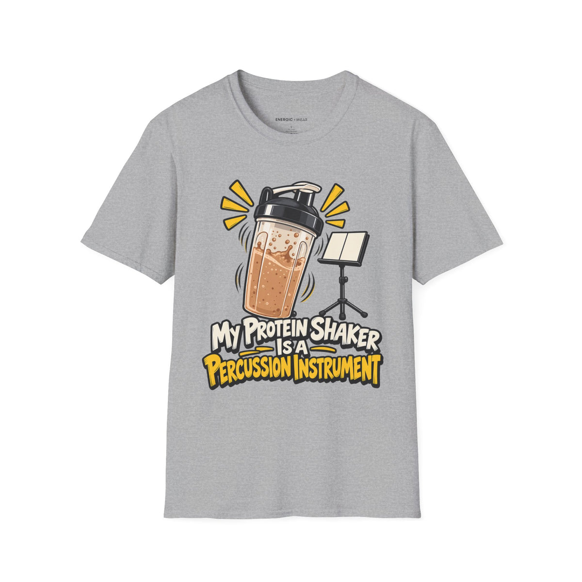 Graphic fitness T-shirt featuring the "My Protein Shaker Is a Percussion Instrument" design.