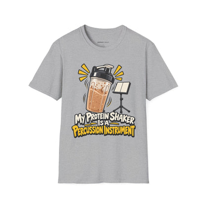 Graphic fitness T-shirt featuring the "My Protein Shaker Is a Percussion Instrument" design.