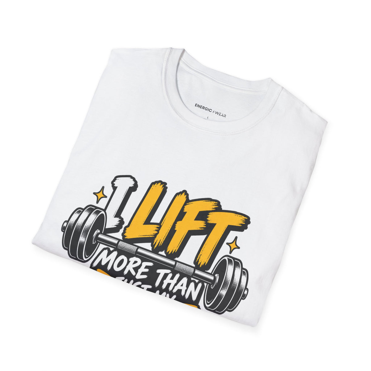 Graphic fitness T-shirt featuring the "I Lift More Than My Spirits" design.