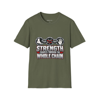 Graphic fitness T-shirt featuring the "Strength Travels Through the Whole Chain" design.