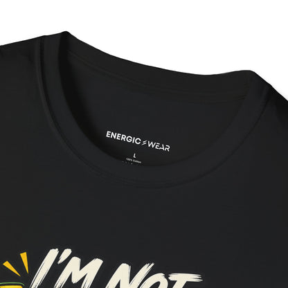 Graphic fitness T-shirt featuring the "I'm Not Lazy, I'm in Energy Saving Mode" design.