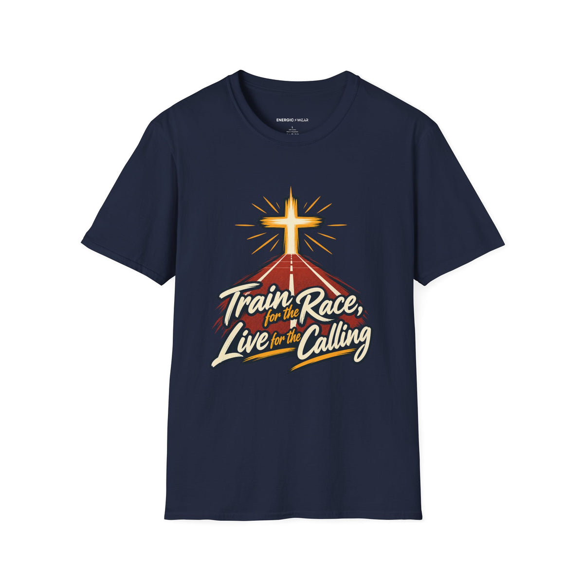 Graphic fitness T-shirt featuring the "Train for the Race Live for the Calling" design.