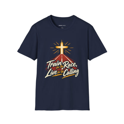 Graphic fitness T-shirt featuring the "Train for the Race Live for the Calling" design.