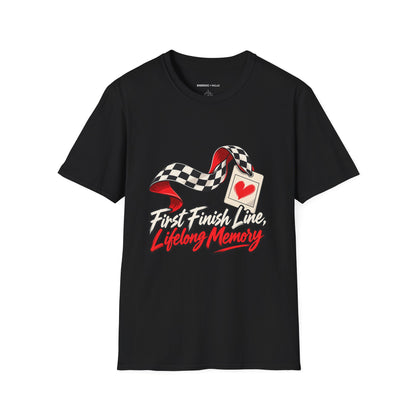 Graphic fitness T-shirt featuring the "First Finish Line Lifelong Memory" design.