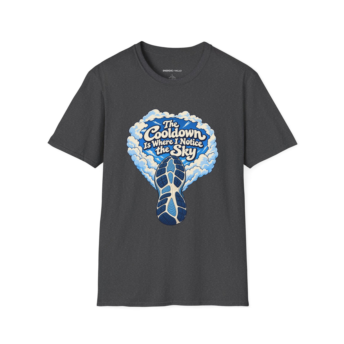 Graphic fitness T-shirt featuring the "The Cooldown Is Where I Notice the Sky" design.