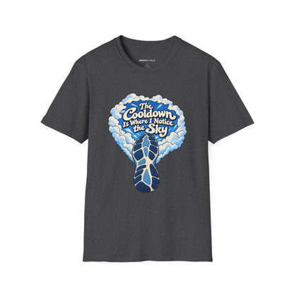 Graphic fitness T-shirt featuring the "The Cooldown Is Where I Notice the Sky" design.
