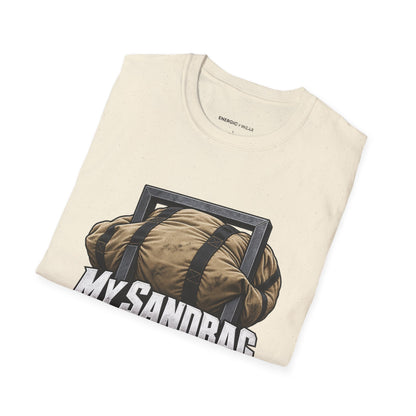 Graphic fitness T-shirt featuring the "My Sandbag Rearranges the Rules of Heavy" design.