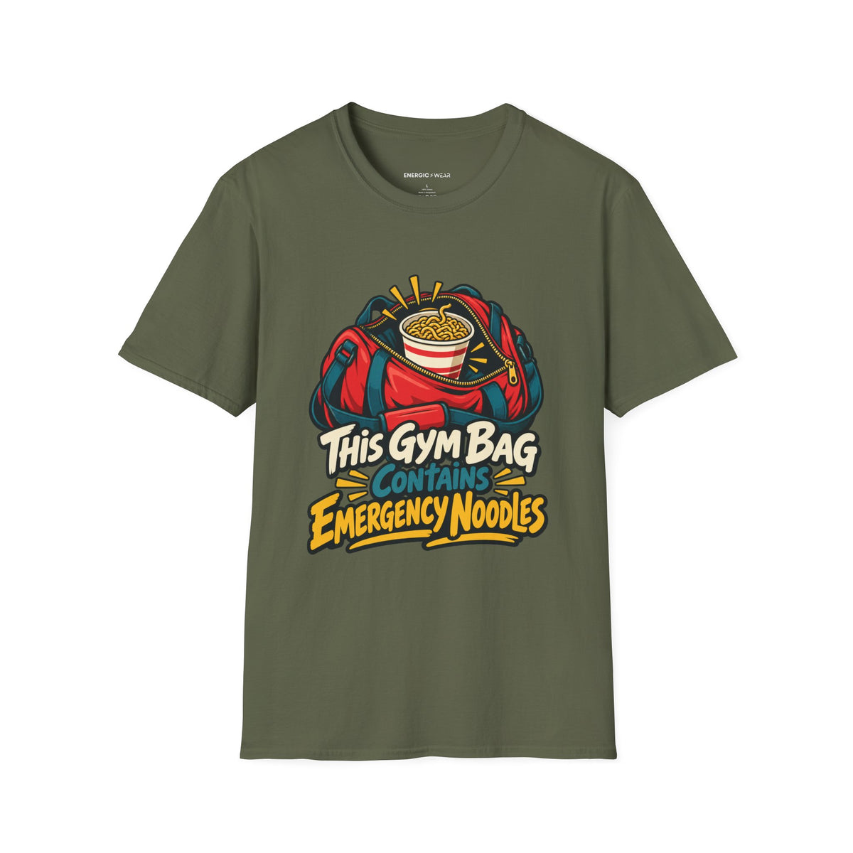 Graphic fitness T-shirt featuring the "This Gym Bag Contains Emergency Noodles" design.