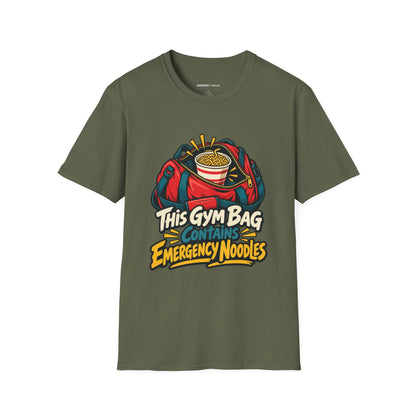 Graphic fitness T-shirt featuring the "This Gym Bag Contains Emergency Noodles" design.
