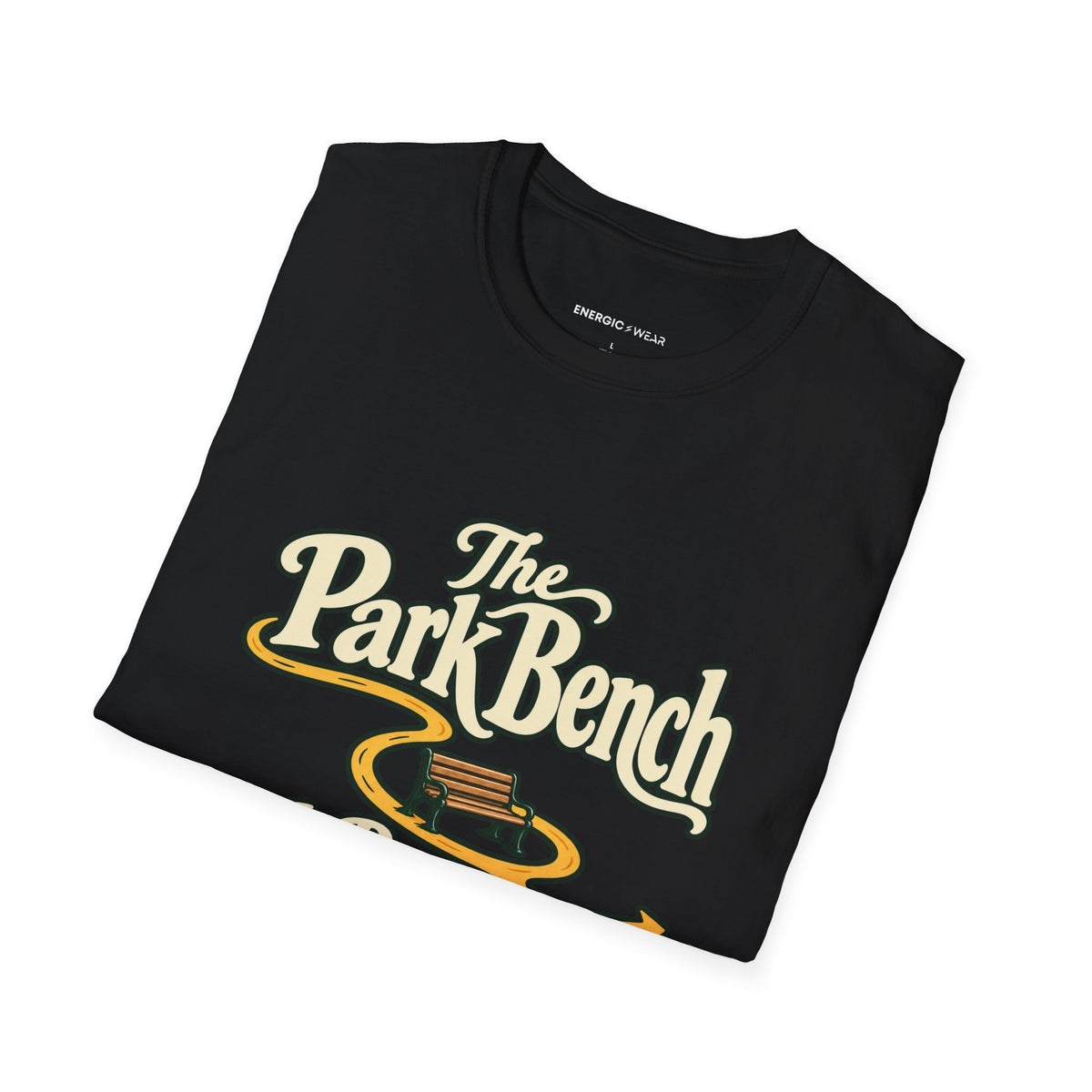 Graphic fitness T-shirt featuring the "The Park Bench Is Part of the Route" design.