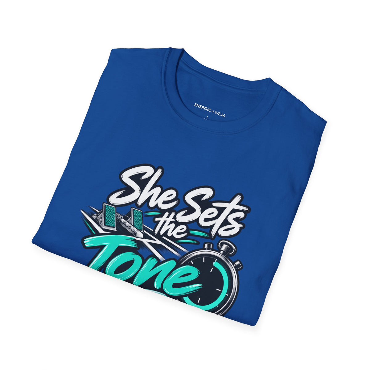 Graphic fitness T-shirt featuring the "She Sets the Tone Before the Timer" design.