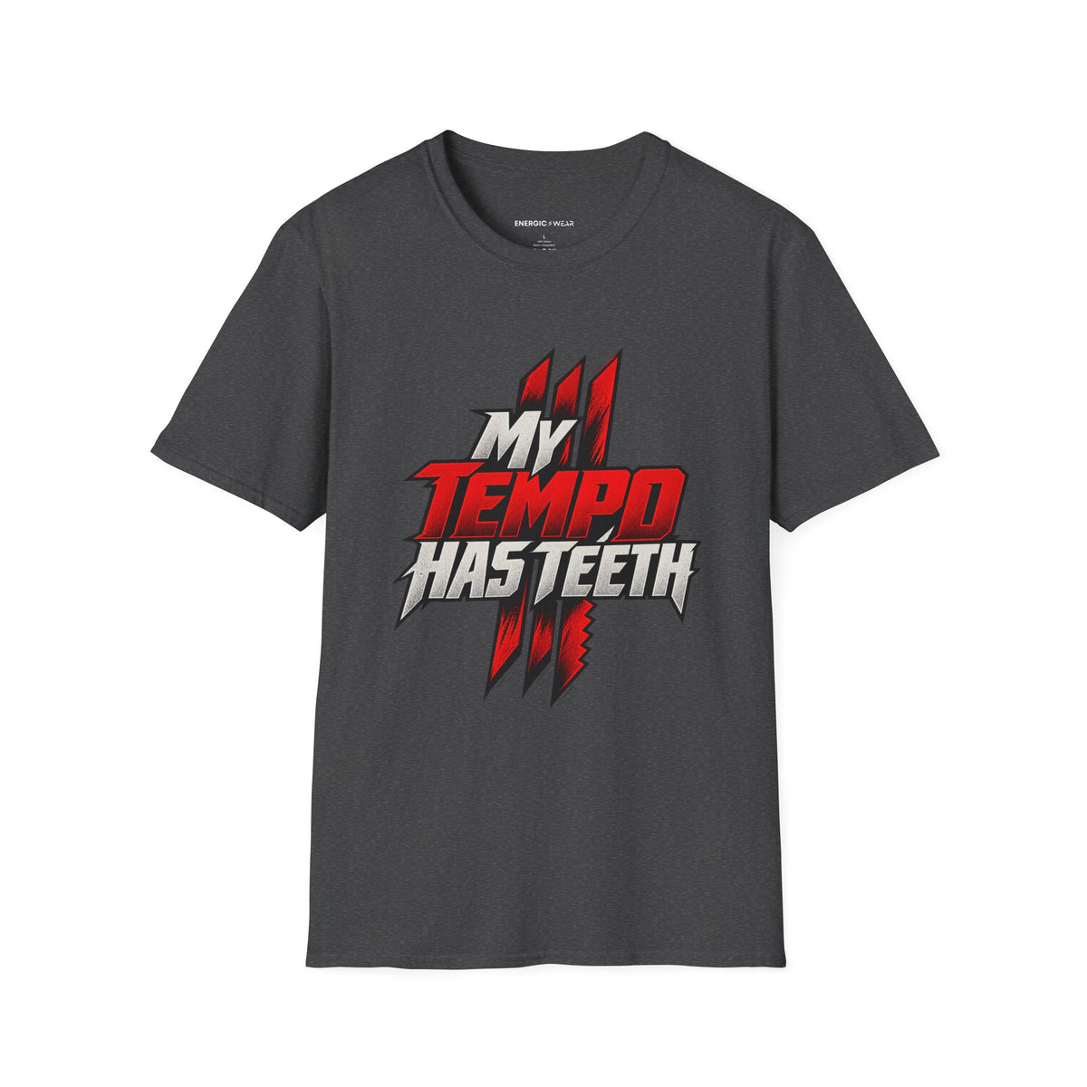 Graphic fitness T-shirt featuring the "My Tempo Has Teeth" design.