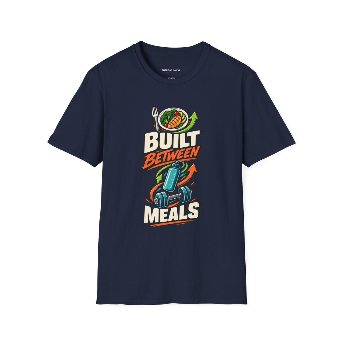 Graphic fitness T-shirt featuring the "Built Between Meals" design.