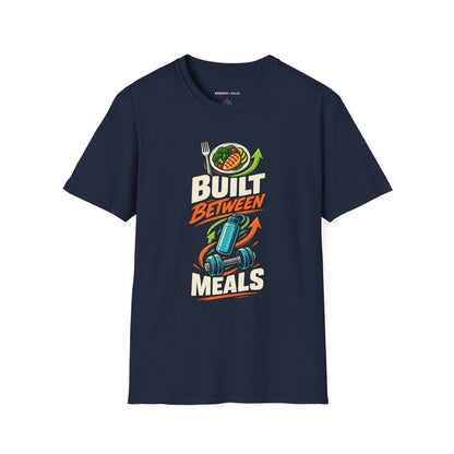 Graphic fitness T-shirt featuring the "Built Between Meals" design.