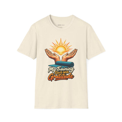 Graphic fitness T-shirt featuring the "My Training Starts with Gratitude" design.
