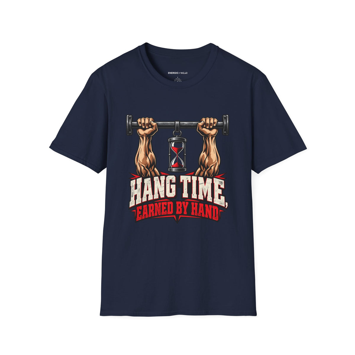 Graphic fitness T-shirt featuring the "Hang Time Earned by Hand" design.