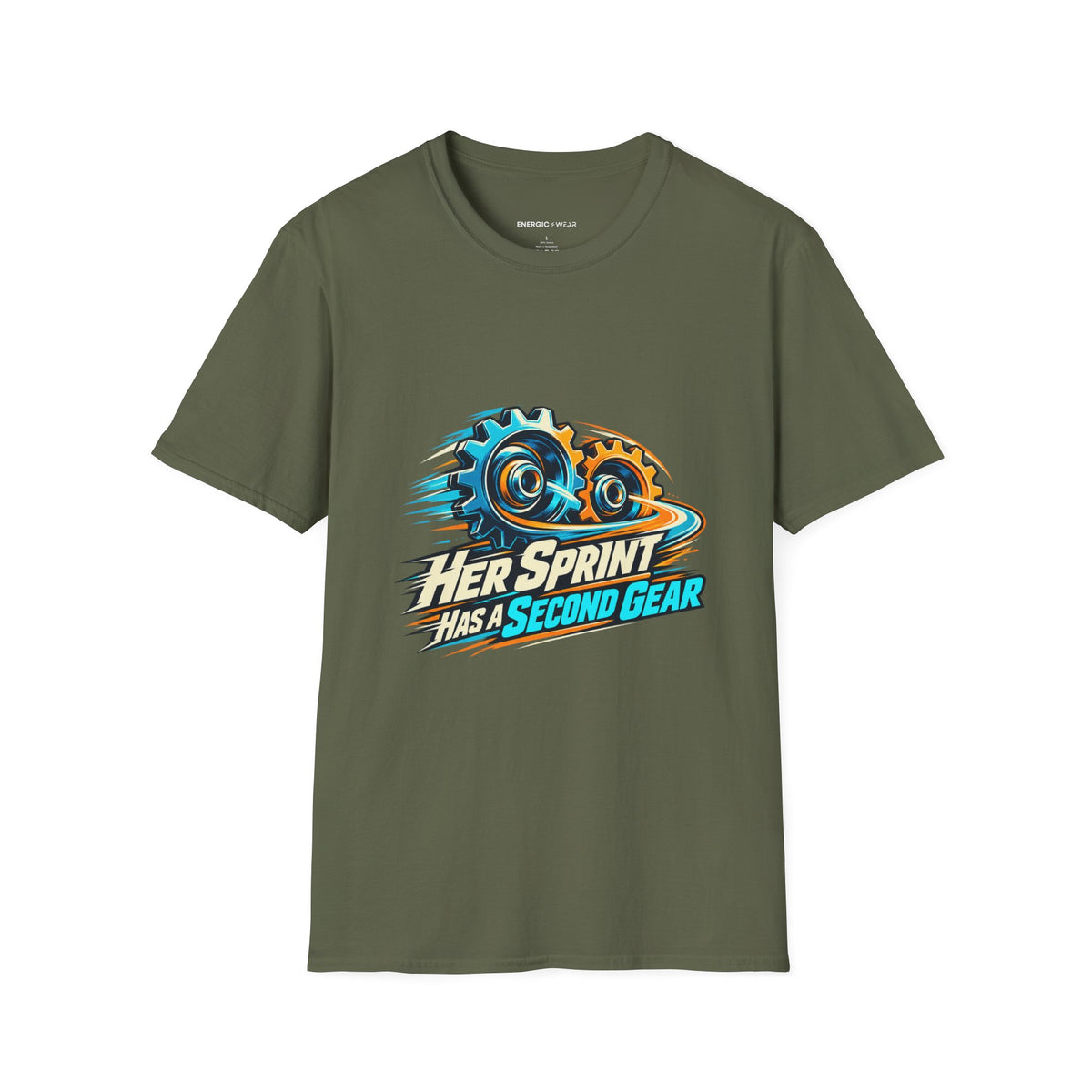 Graphic fitness T-shirt featuring the "Her Sprint Has a Second Gear" design.