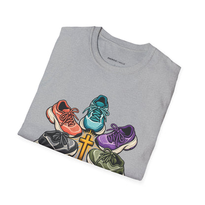 Graphic fitness T-shirt featuring the "Faith Is in My Team Huddle" design.