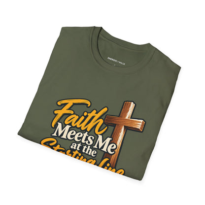 Graphic fitness T-shirt featuring the "Faith Meets Me at the Starting Line" design.
