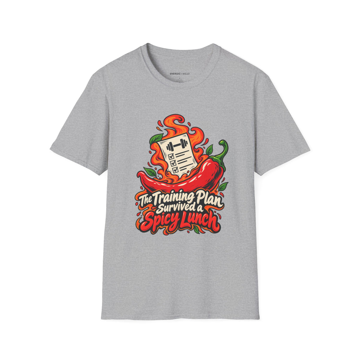 Graphic fitness T-shirt featuring the "The Training Plan Survived a Spicy Lunch" design.