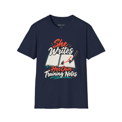 Graphic fitness T-shirt featuring the "She Writes Her Own Training Notes" design.