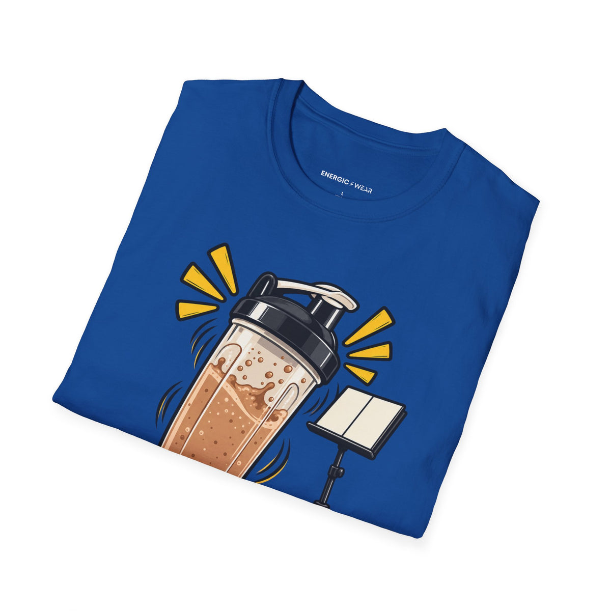 Graphic fitness T-shirt featuring the "My Protein Shaker Is a Percussion Instrument" design.