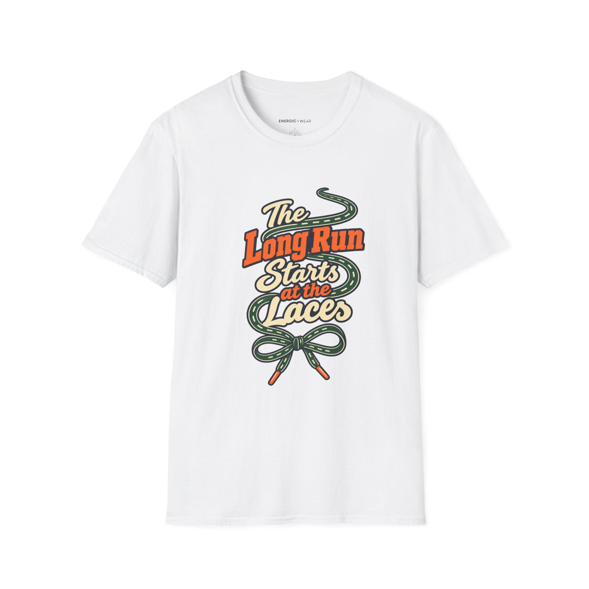 Graphic fitness T-shirt featuring the "The Long Run Starts at the Laces" design.
