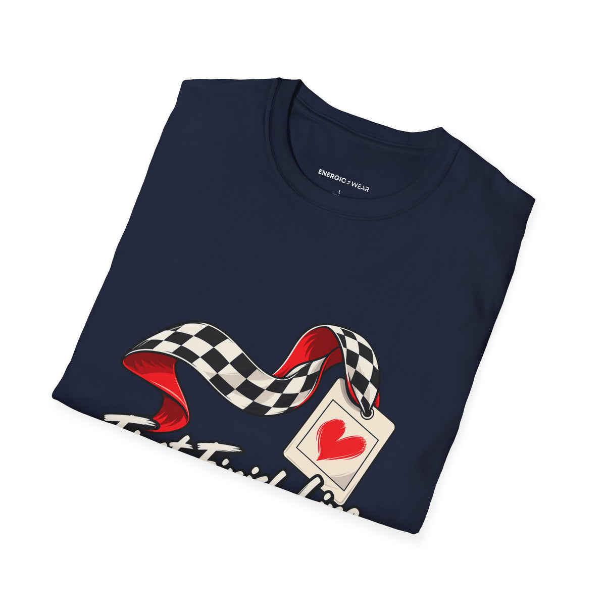 Graphic fitness T-shirt featuring the "First Finish Line Lifelong Memory" design.