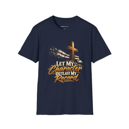 Graphic fitness T-shirt featuring the "Let My Character Outlast My Record" design.