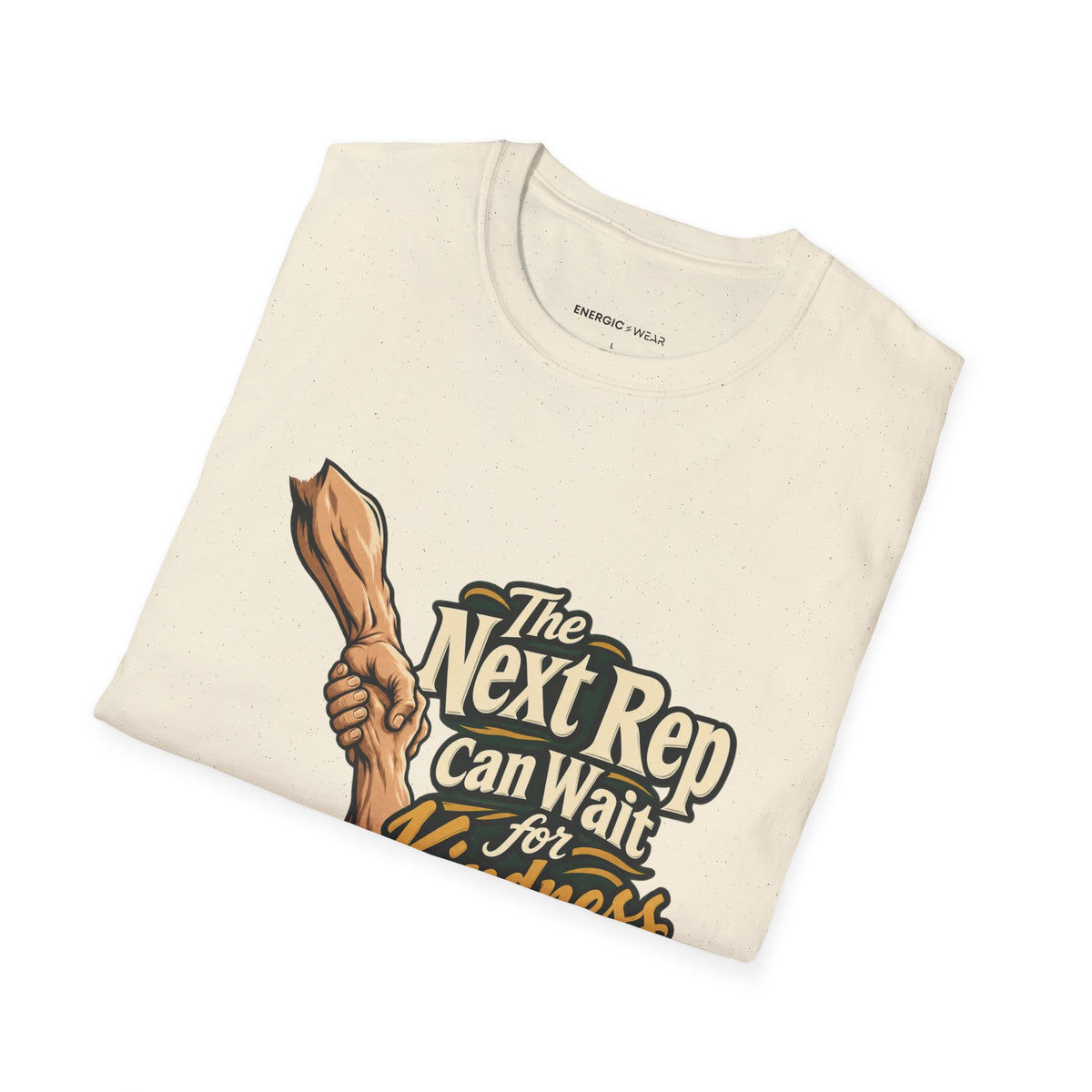 Graphic fitness T-shirt featuring the "The Next Rep Can Wait for Kindness" design.