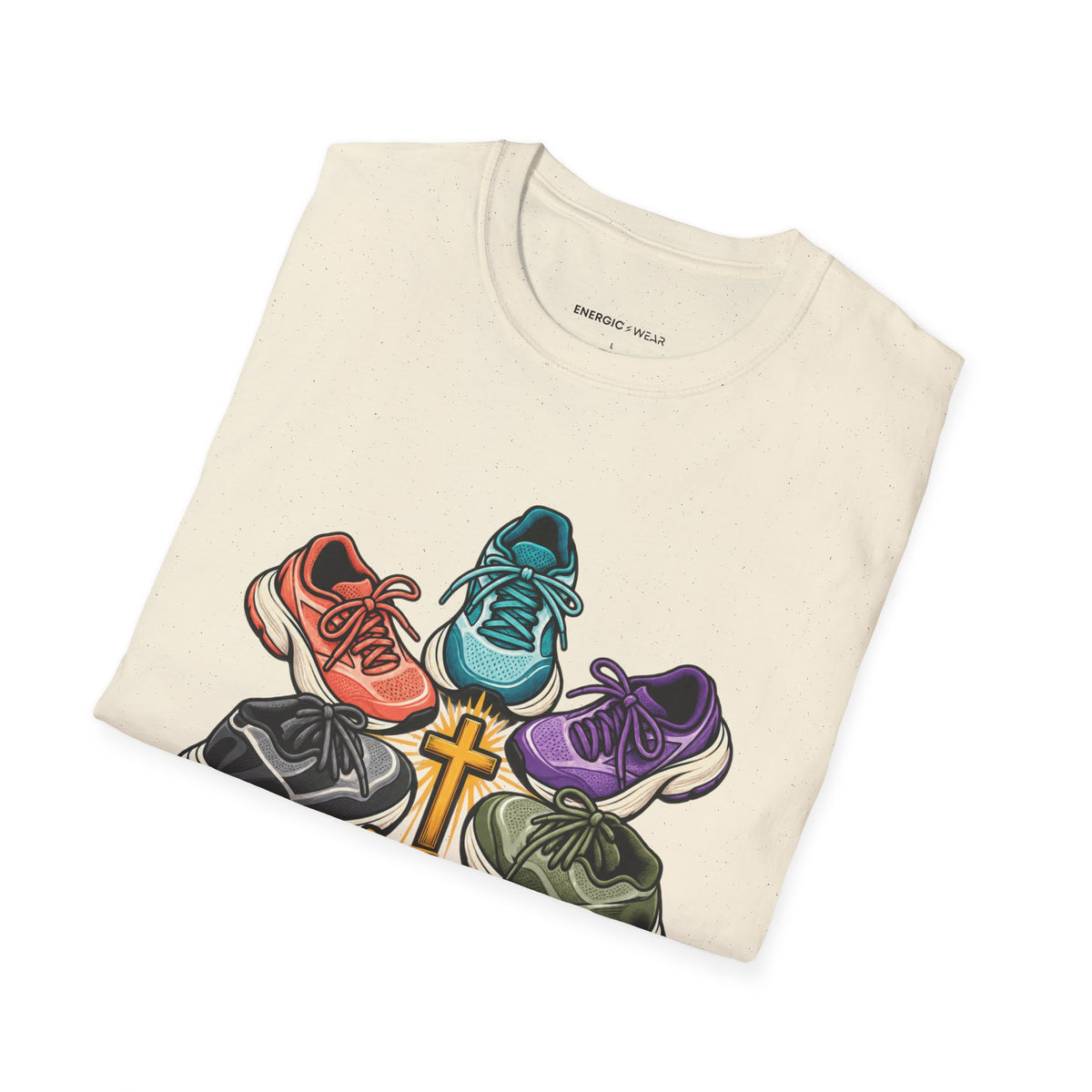Graphic fitness T-shirt featuring the "Faith Is in My Team Huddle" design.