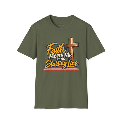 Graphic fitness T-shirt featuring the "Faith Meets Me at the Starting Line" design.