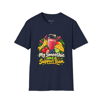 Graphic fitness T-shirt featuring the "My Smoothie Has a Support Team" design.