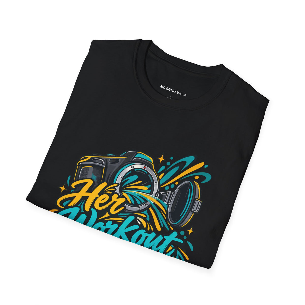 Graphic fitness T-shirt featuring the "Her Workout Doesn't Need a Before Photo" design.
