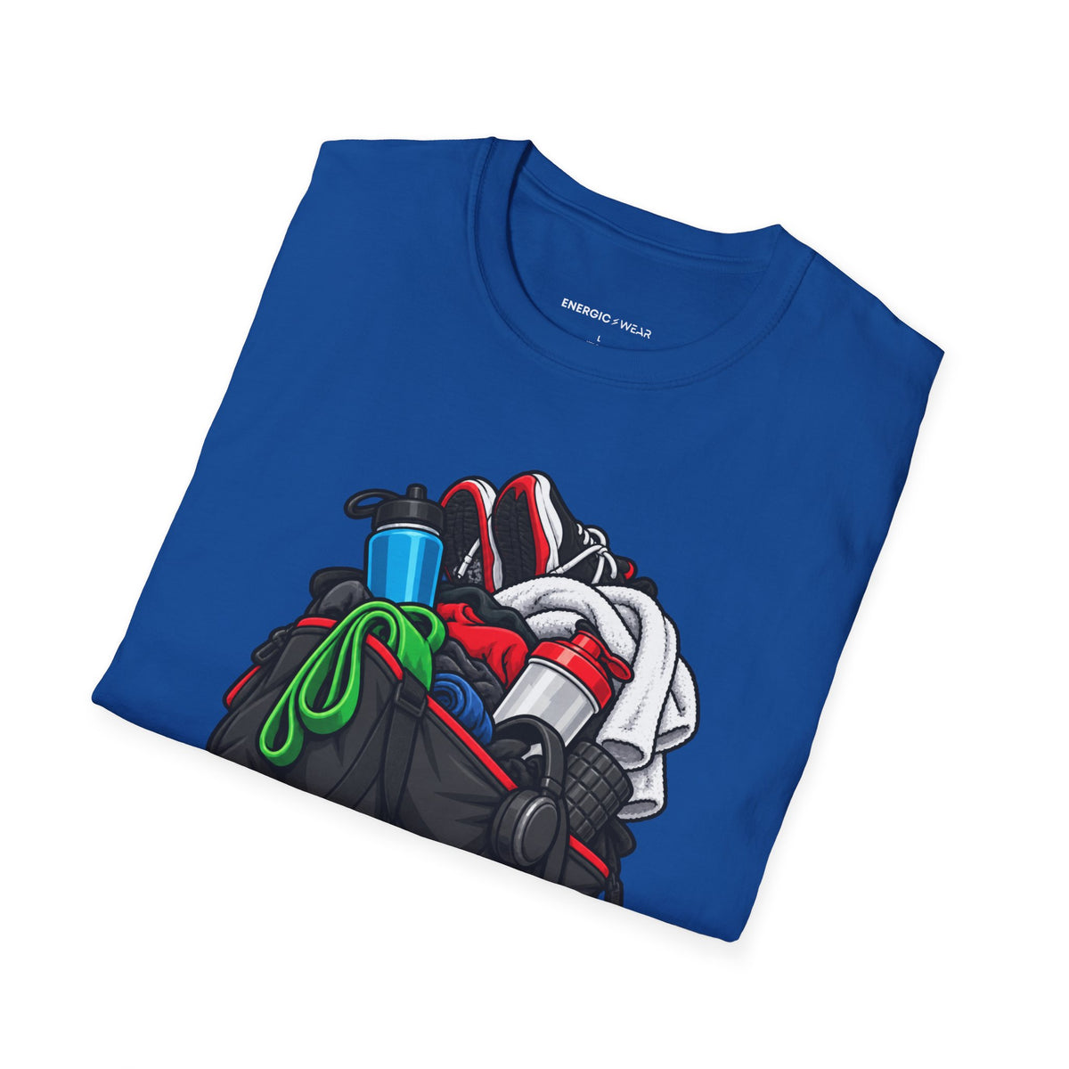 Graphic fitness T-shirt featuring the "I Need a Spotter for My Gym Bag" design.